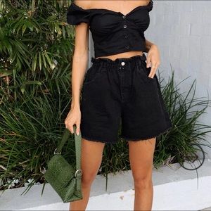 Washed Black Denim Paper Bag Shorts